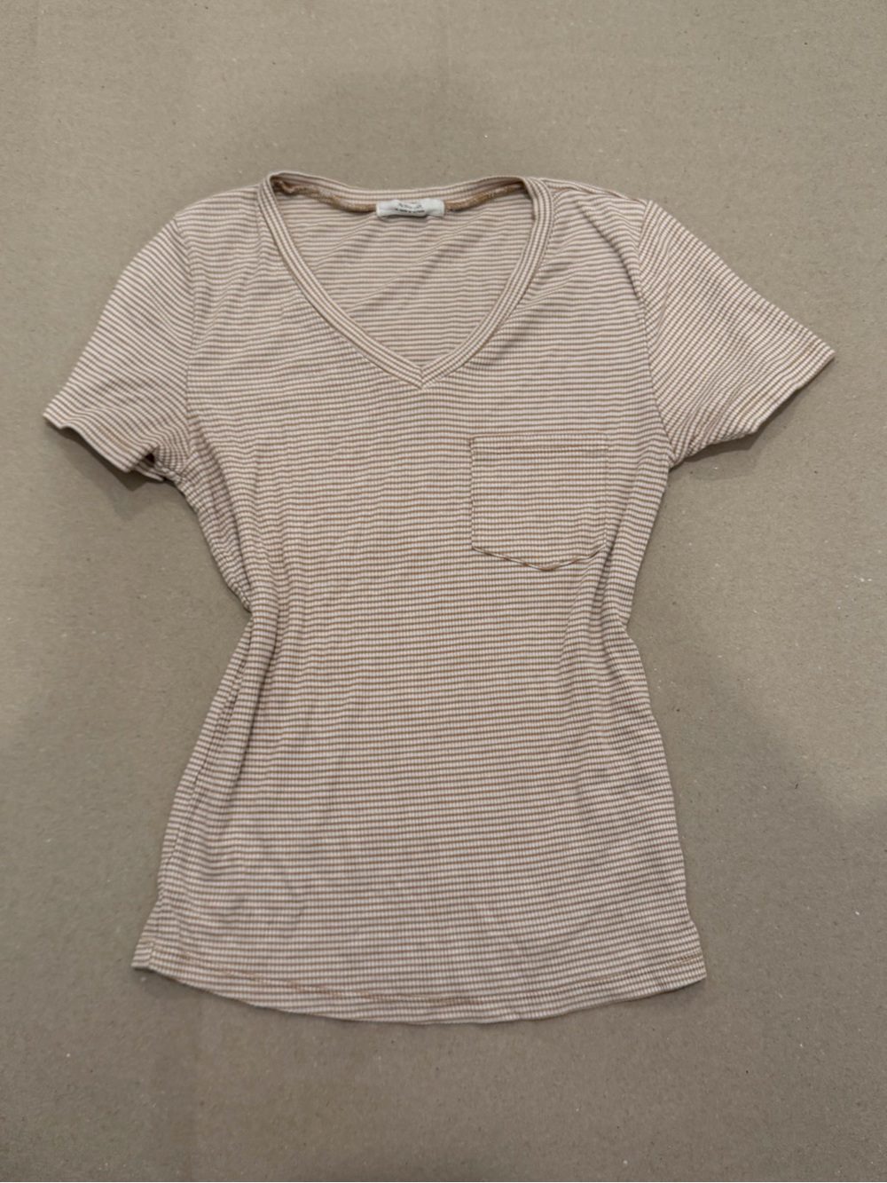 Tan and White Striped V-Neck Pocket Tee Short Sleeve